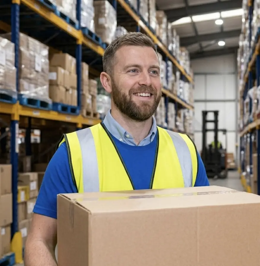 Warehouse supervisor carrying a box in a Cambridge fulfilment centre